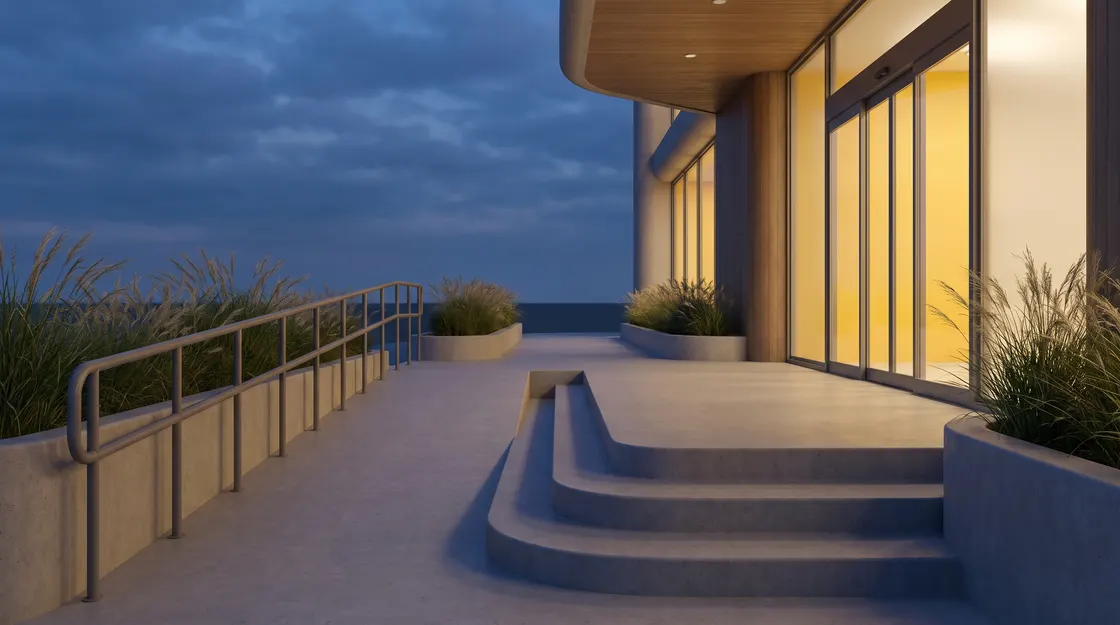Illustration of a building entrance at dusk with a gentle ramp and handrail beside low steps, leading to lit glass doors.